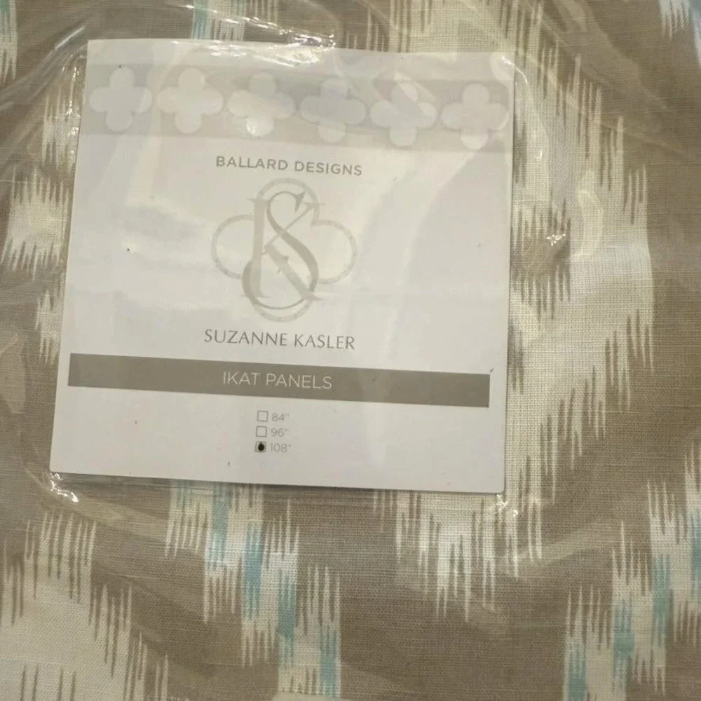 NIB Ballard Designs Suzanne Kasler‎ Ikat Curtain Panel 108in Natural Aqua Linen